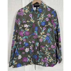 Lane‎ Bryant Woman's 18 20 Denim Jacket Floral Green Utility Zip Coat Pockets